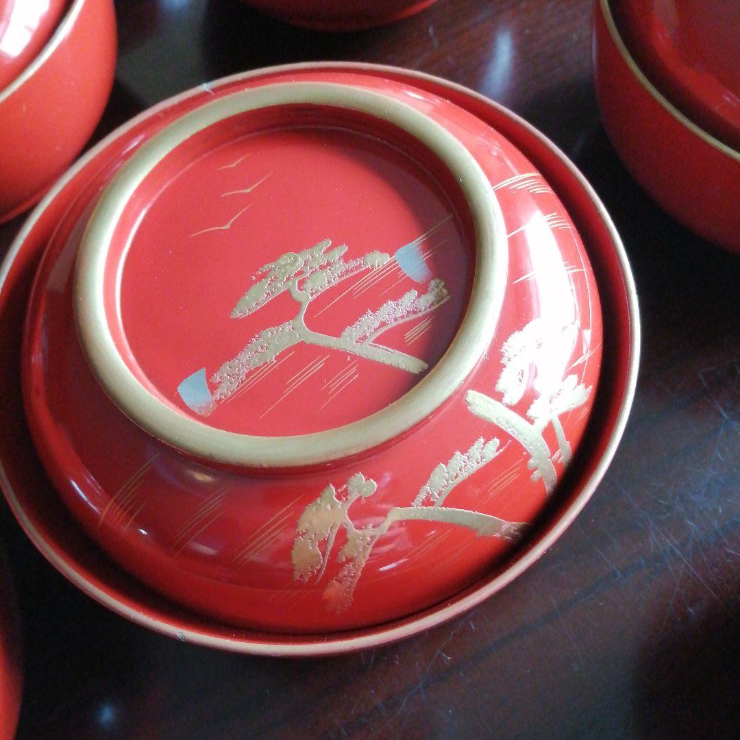 木製漆器　朱塗松林画蓋付椀　20客　12.6cm　大正期　【やや小カケ多め】