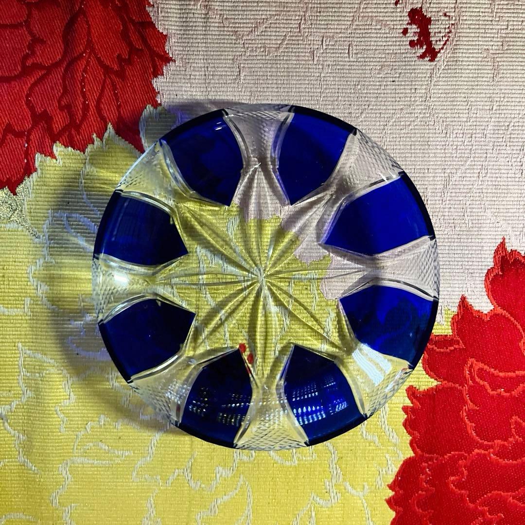 骨董 時代ガラス 青色被せ 精密カット 星切子 中鉢 小皿 1客