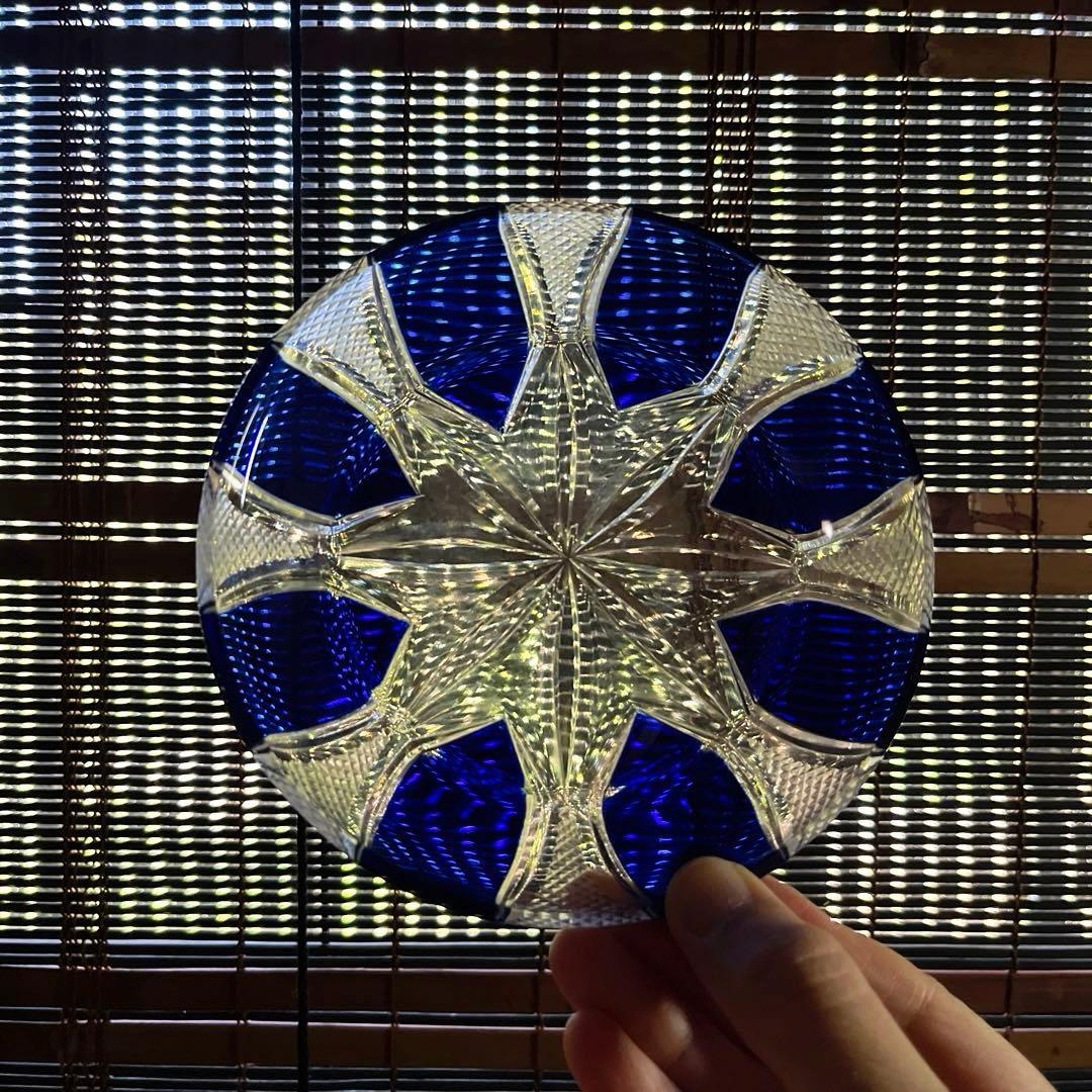 骨董 時代ガラス 青色被せ 精密カット 星切子 中鉢 小皿 1客
