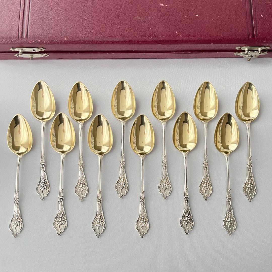 【ドイツ】レリーフのモカスプーン 12本【純銀】 10.5cm ケース