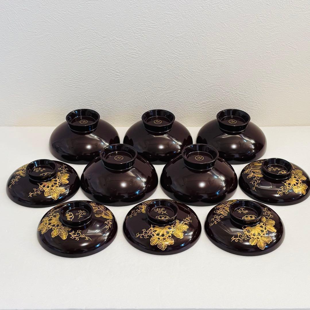 ⭐️【 新品 】川連漆器 天然木漆器 沈金 唐草牡丹彫蒔絵 蓋付き椀揃 5客⭐️