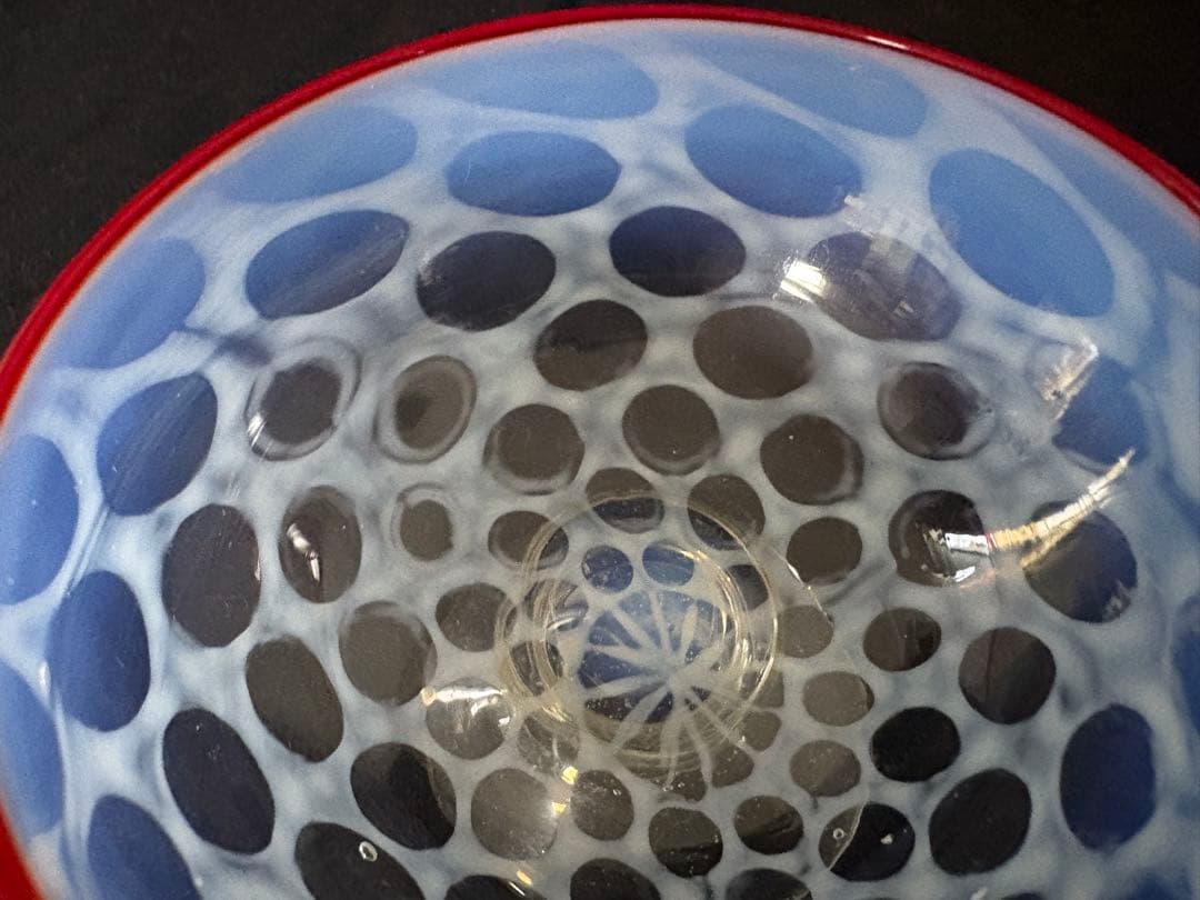 大正ガラス 和ガラス 氷カップ 朱色縁 水玉模様 ドット模様 アンティーク