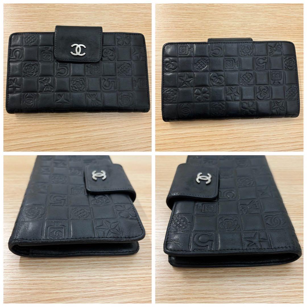 美品》 CHANEL アイコンライン 二つ折り長財布 ブラック シャネル