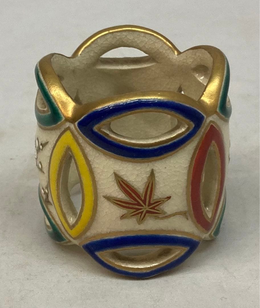 B228s   杉田祥平造「色絵七宝草花 蓋置」共箱　清閑寺窯　京焼　茶道具