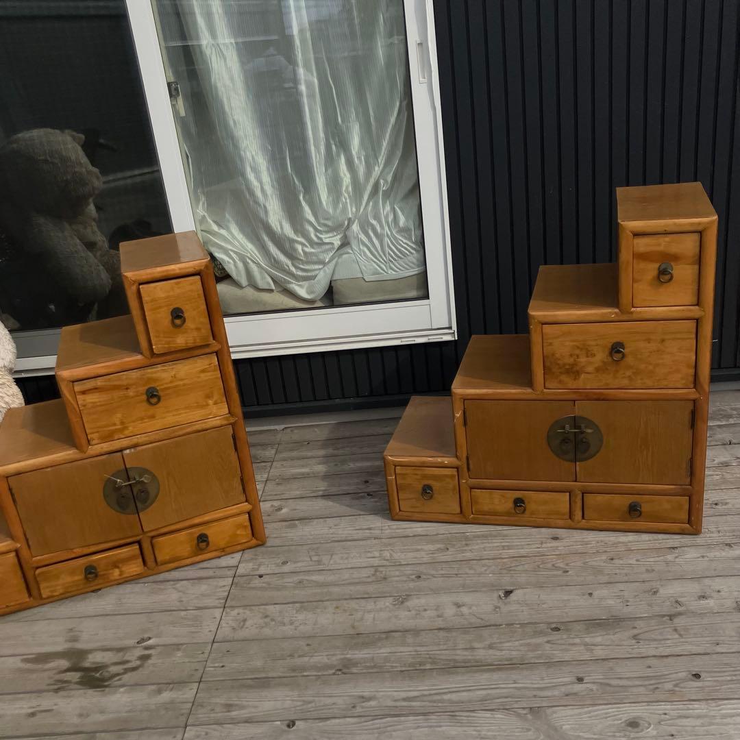 昭和レトロ 中国古典家具 古家具 格子型 木製箪笥 サイドボード 3段9杯