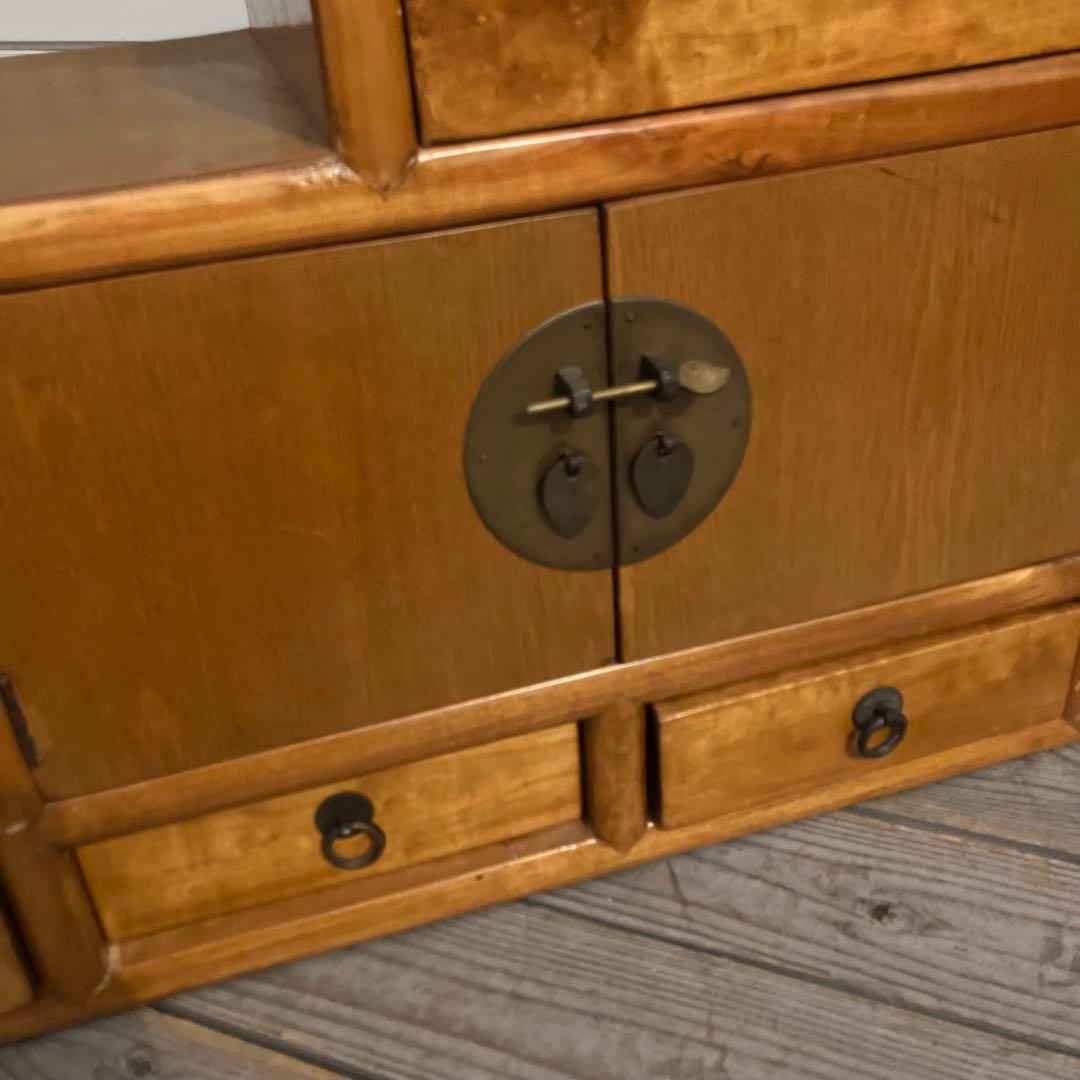 昭和レトロ 中国古典家具 古家具 格子型 木製箪笥 サイドボード 3段9杯