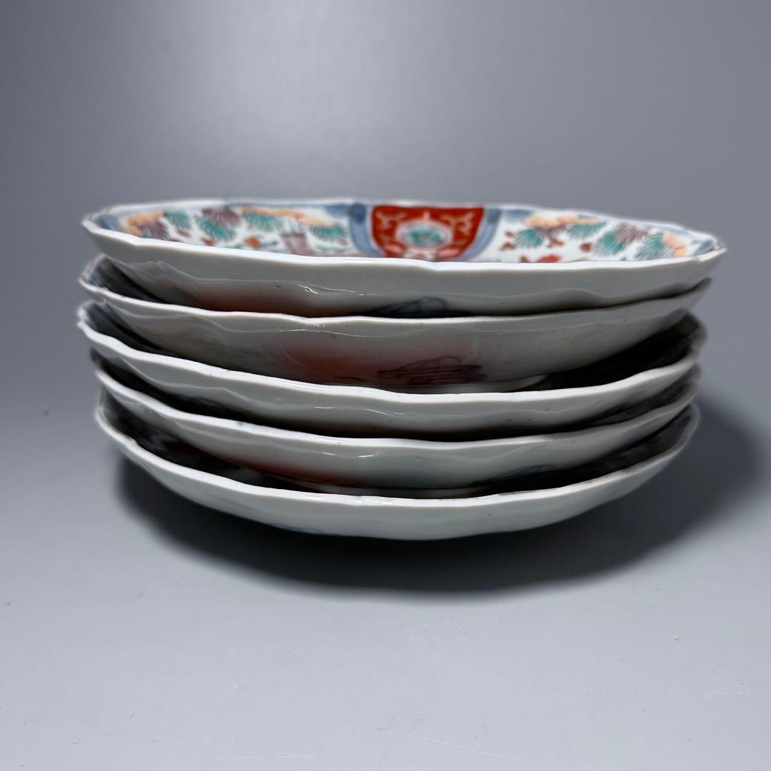 古伊万里 色絵花鳥図輪花形七寸皿 5枚 松竹梅 裏巻物文様