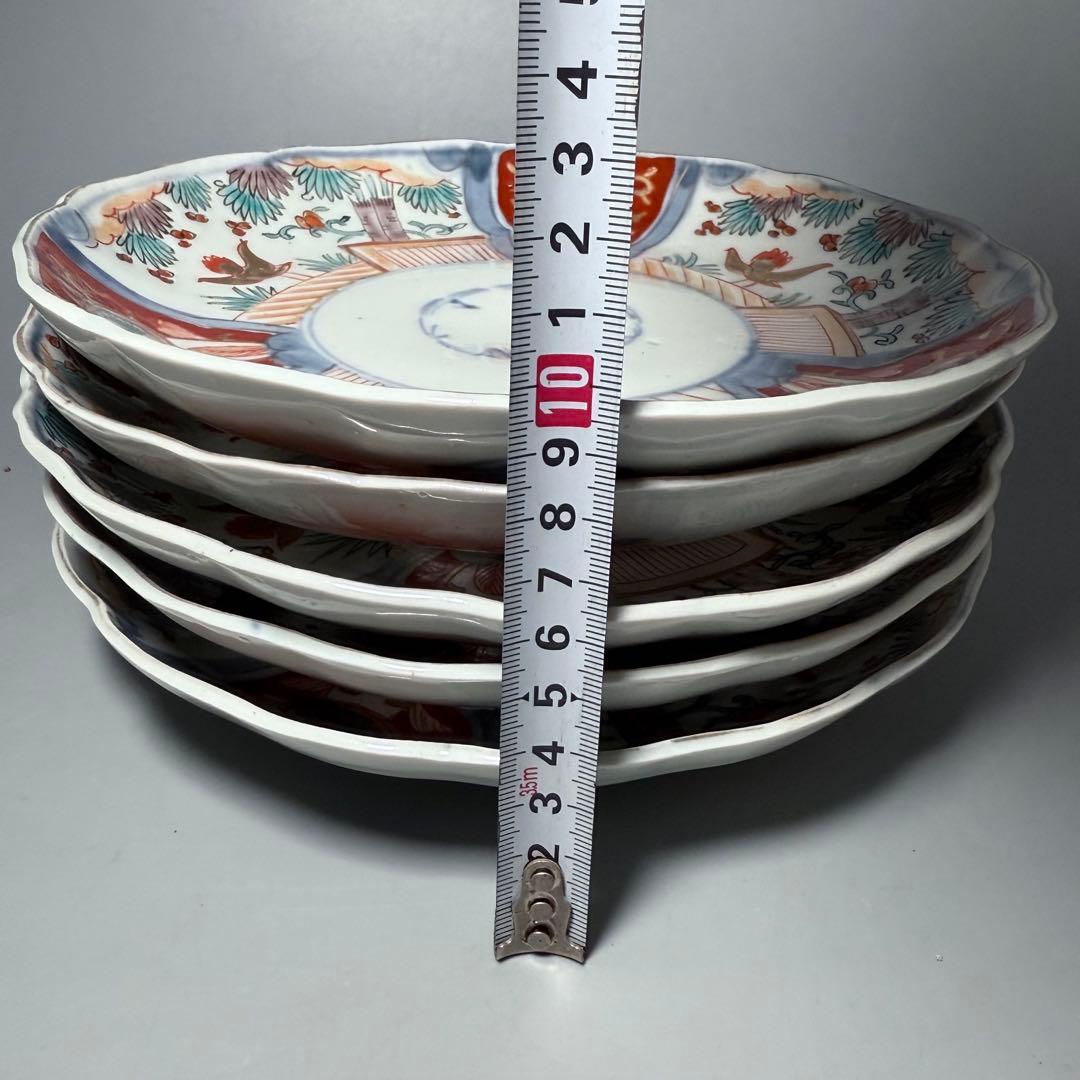 古伊万里 色絵花鳥図輪花形七寸皿 5枚 松竹梅 裏巻物文様