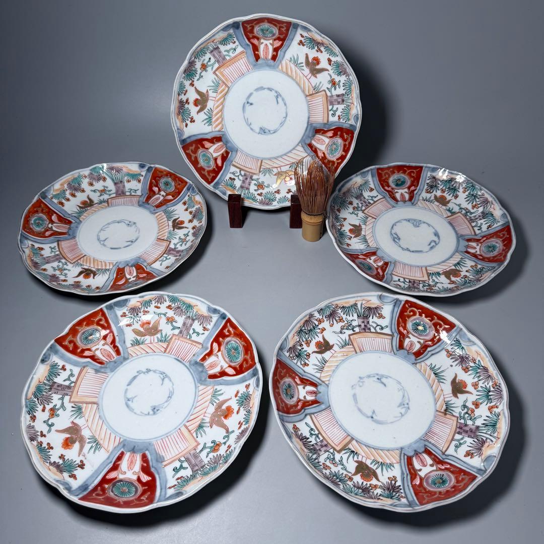 古伊万里 色絵花鳥図輪花形七寸皿 5枚 松竹梅 裏巻物文様