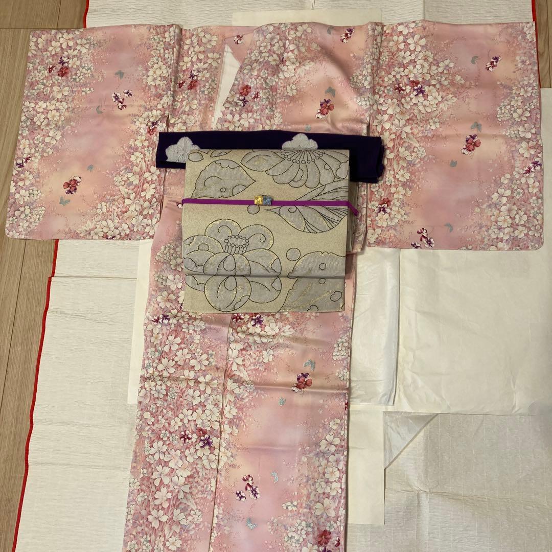D81 訪問着 桜 手描き グレー ちりめん 縫い紋 正絹 着物 袷 極美品
