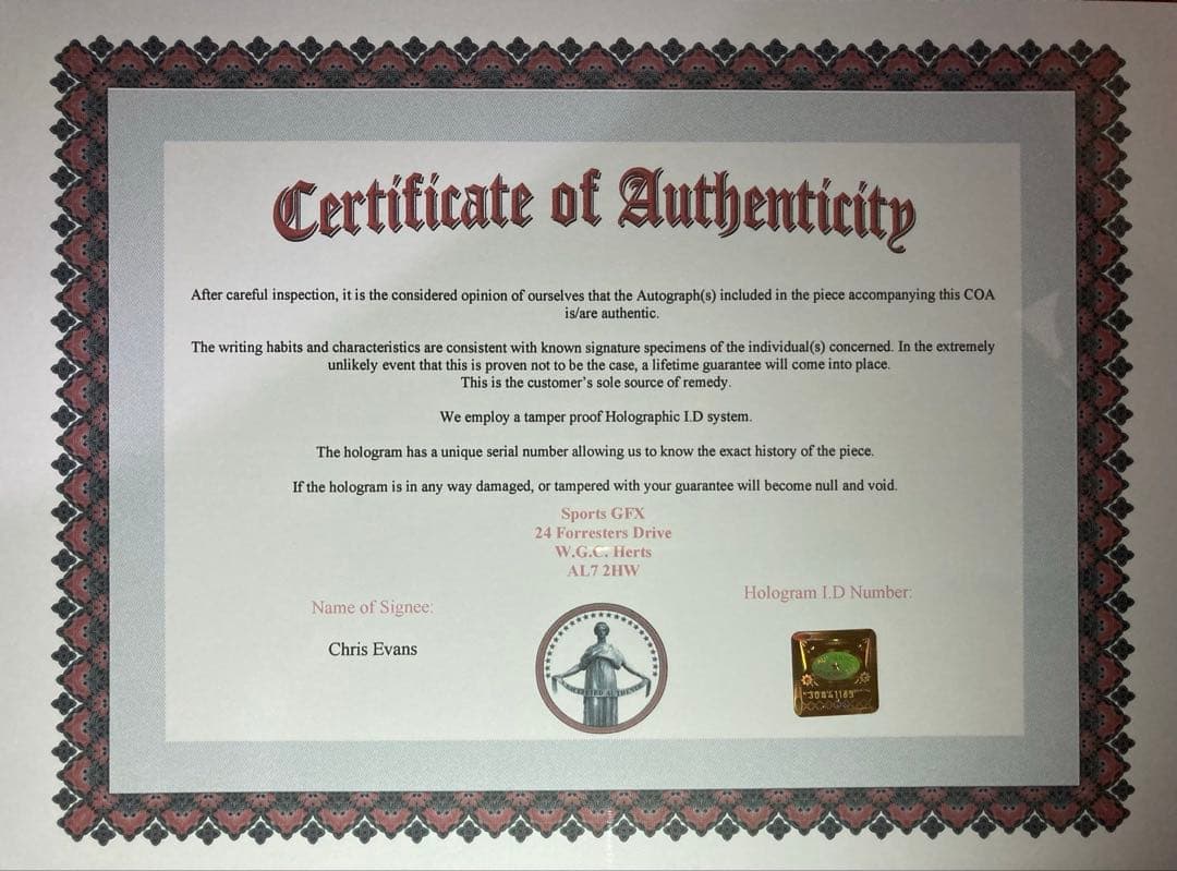 直筆サイン入り写真 キャプテン・アメリカ クリス・エヴァンス SA鑑定