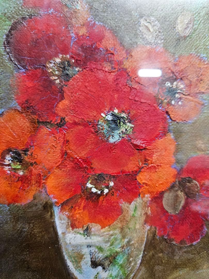 真作 山本亜稀 作 油彩「グラスの赤い花」油絵 絵画 額装 花