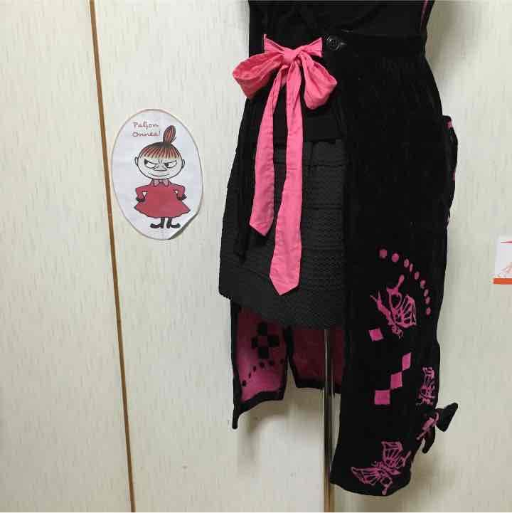 ハンドメイド★妖精柄チャイナドレス風エプロン★黒×ピンク今治タオル★フリーサイズ