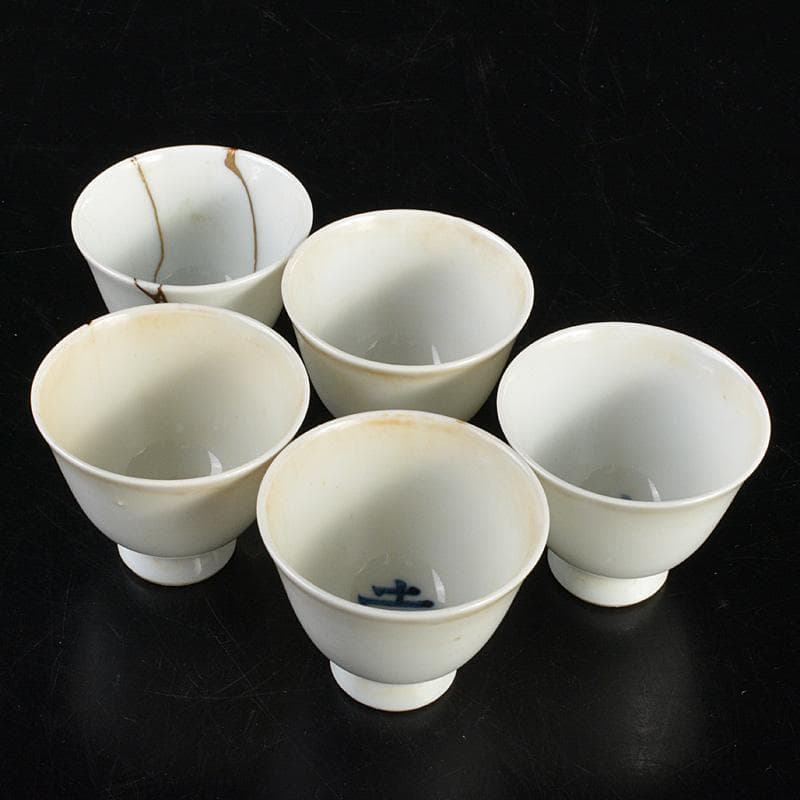 中国南京白磁染付寿文煎茶碗五客時代箱付金継ぎ直しあMR6911