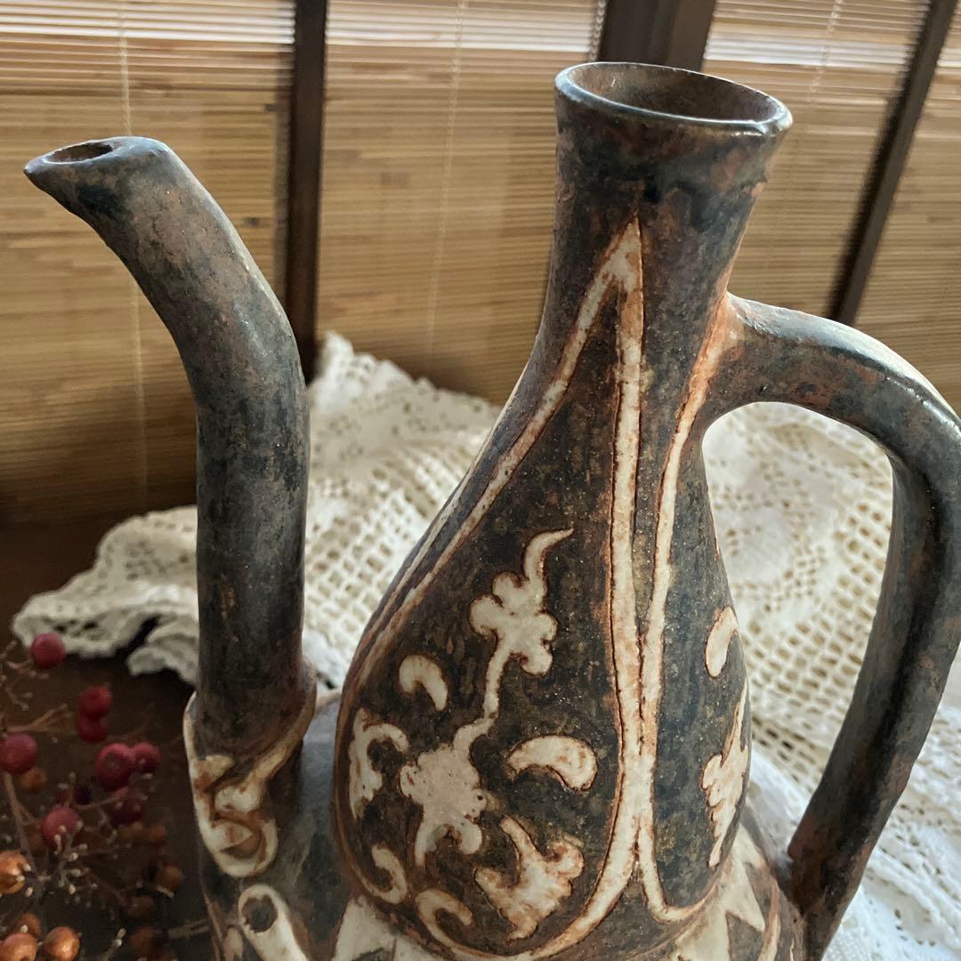 アジア 骨董 水差し 陶器 ヴィンテージ 唐草模様