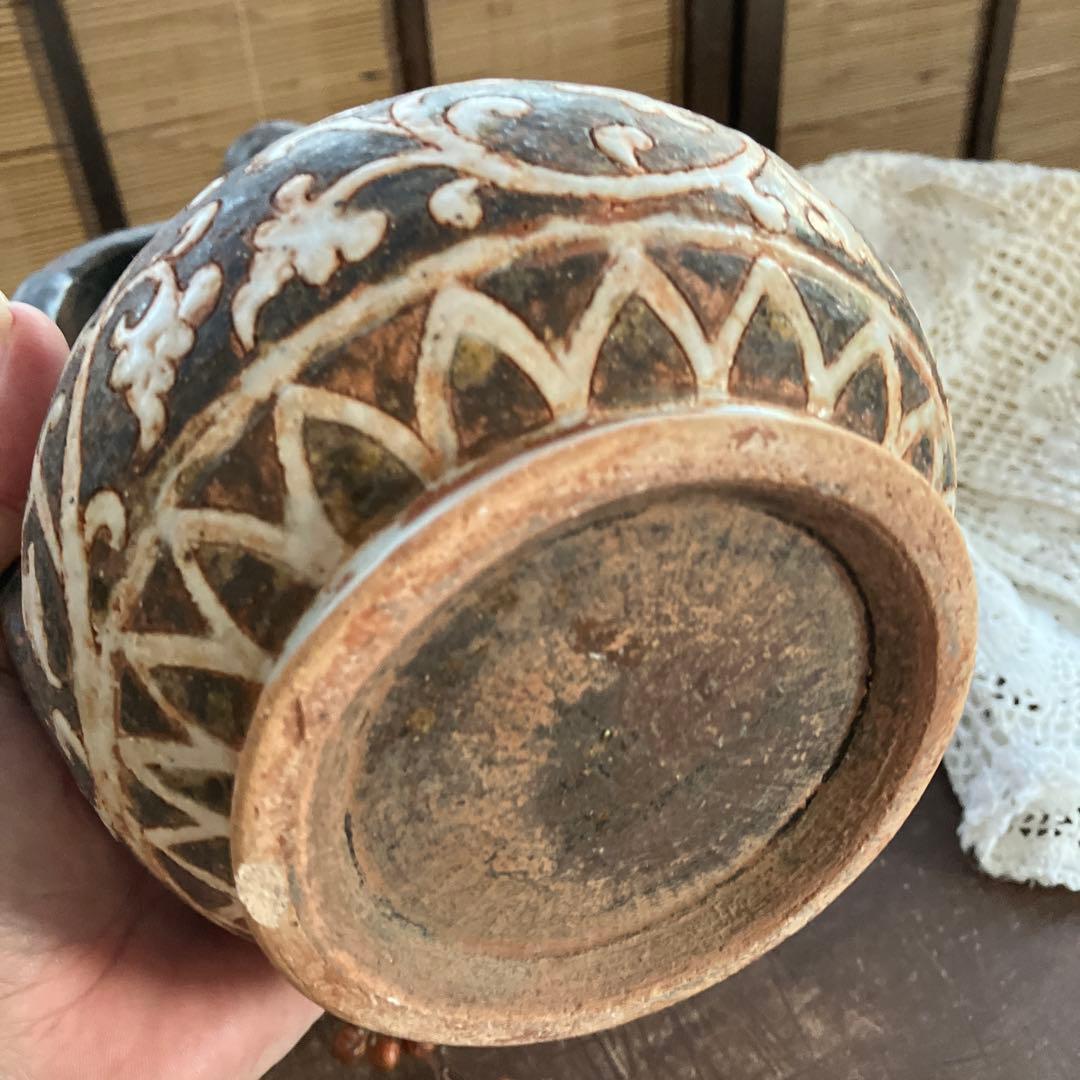 アジア 骨董 水差し 陶器 ヴィンテージ 唐草模様