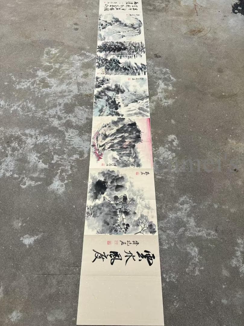 中国古美術 傅抱石作款 水墨画 長巻 自然風景 手描き 冊頁 7開