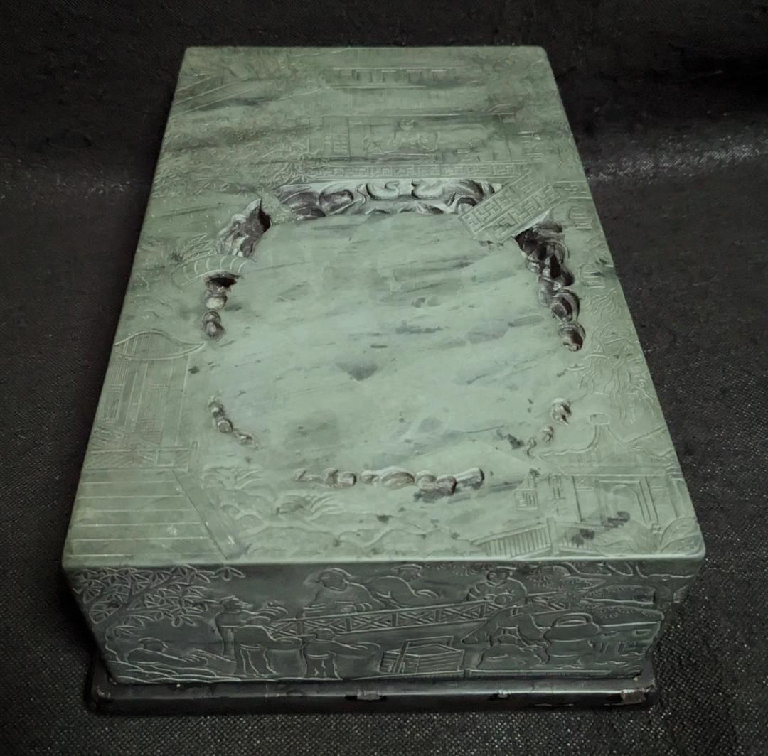 【蘭亭硯】◆五台山緑石の特大加厚硯◆群微点状波紋の潤緑美石◆唐木天地蓋◆王羲之 蘭亭硯】◇五台山緑石の特大加厚硯◇群微点状