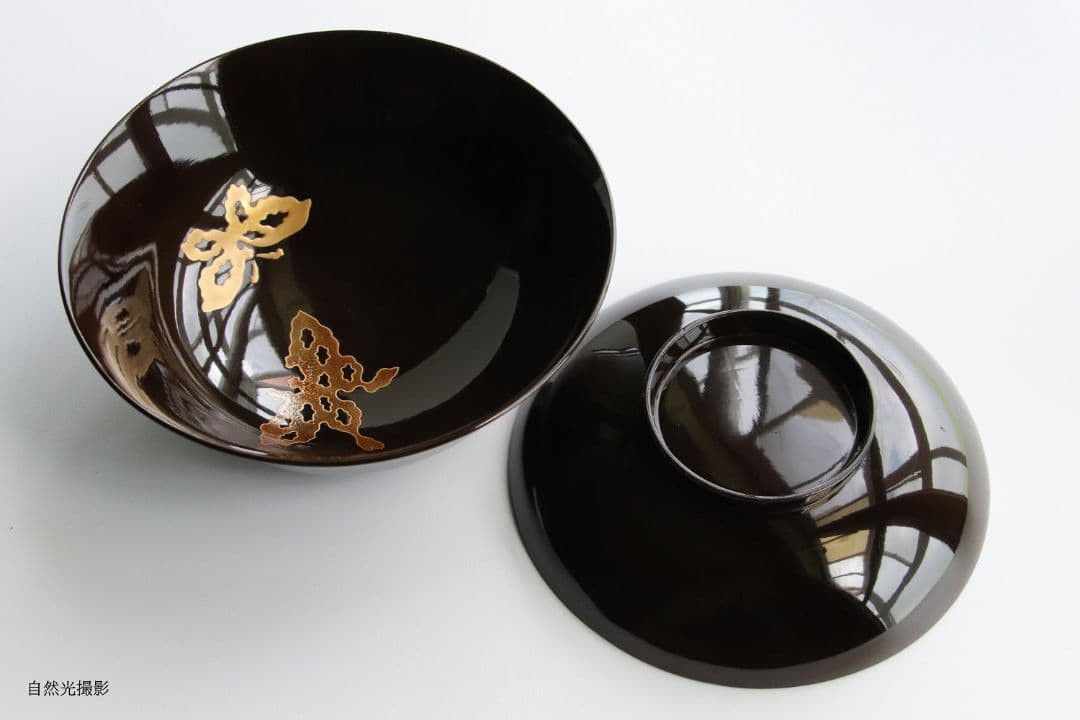 M873 時代 木製漆器 輪島塗 蝶金蒔絵 黒塗椀 二客 天然木 梨地