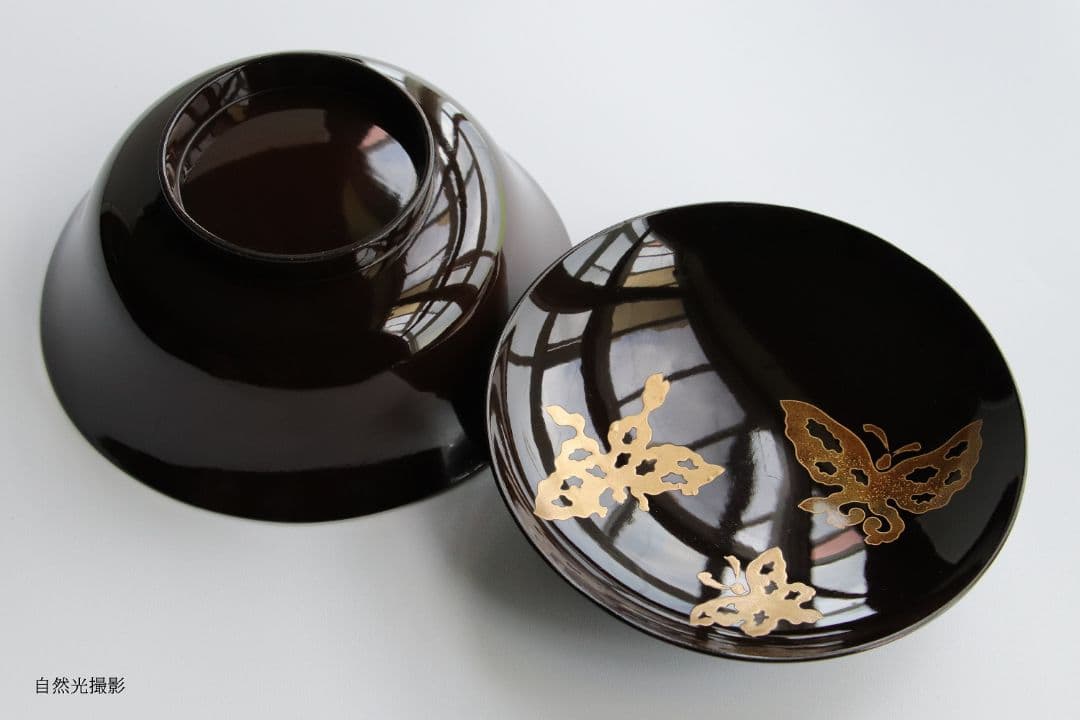 M873 時代 木製漆器 輪島塗 蝶金蒔絵 黒塗椀 二客 天然木 梨地