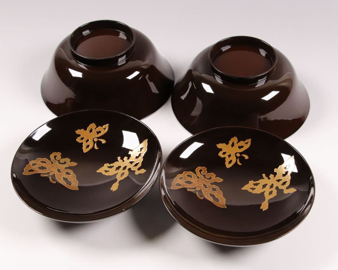 M873 時代 木製漆器 輪島塗 蝶金蒔絵 黒塗椀 二客 天然木 梨地