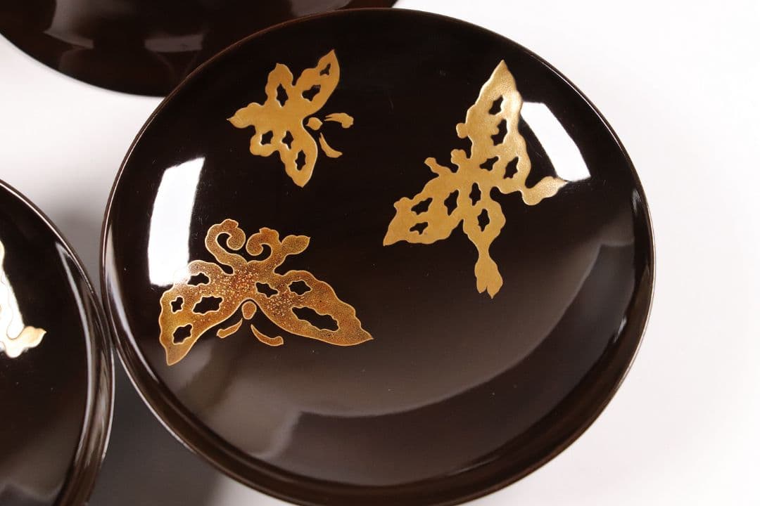 M873 時代 木製漆器 輪島塗 蝶金蒔絵 黒塗椀 二客 天然木 梨地