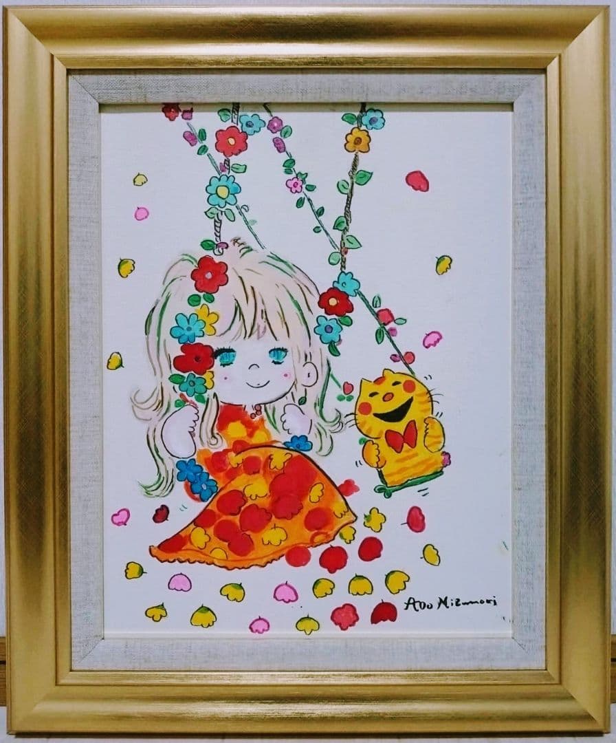 F6号】水森亜土 手描き作品/表裏サイン・裏描き有/油彩/アクリル/額縁/額装