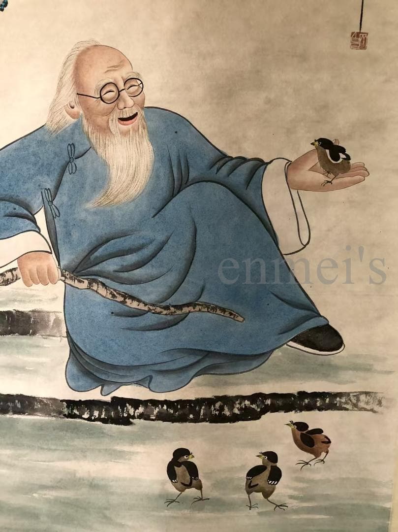 中国古美術・純手描き四尺人物掛軸・国画・斉白石印款・肉筆・宣紙