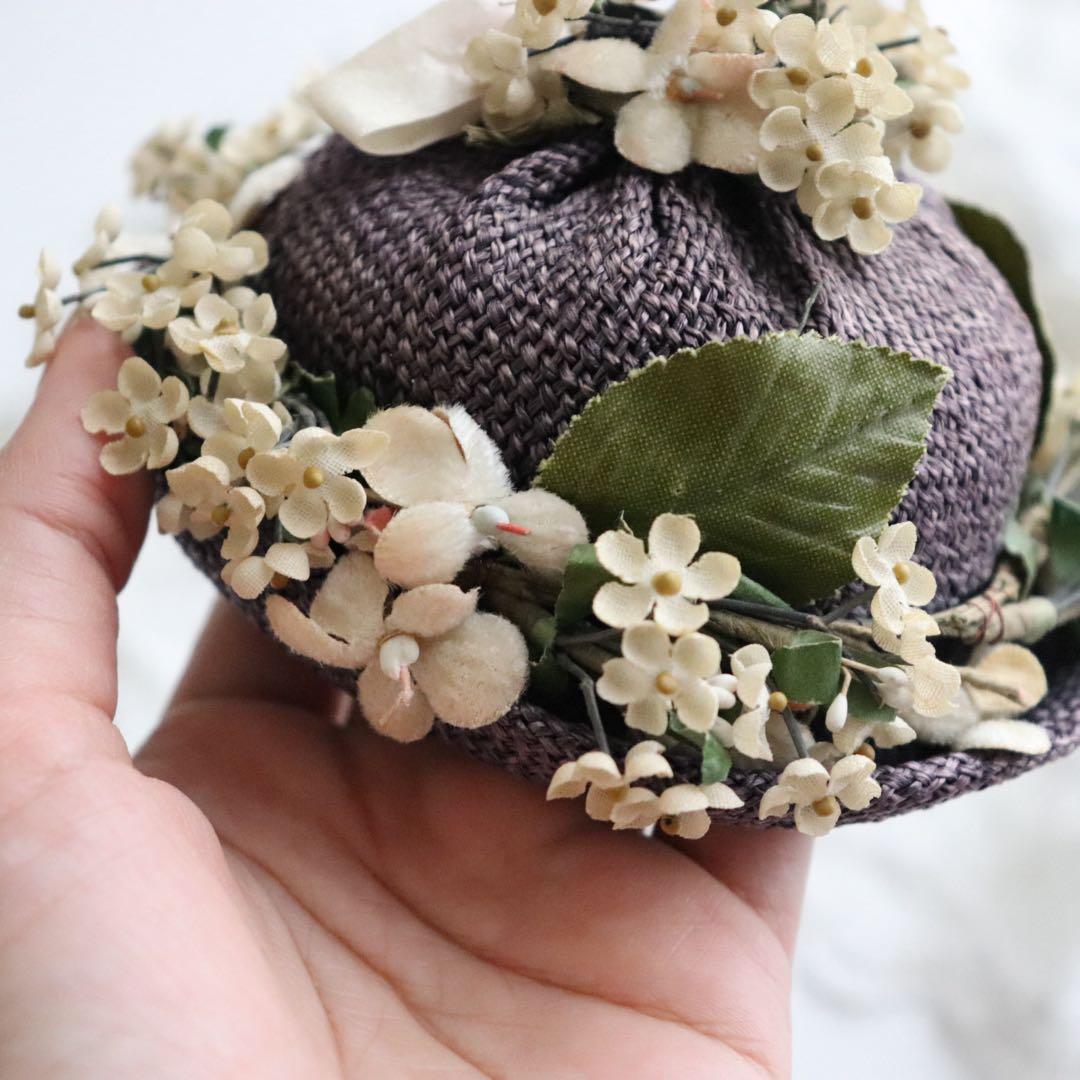 アンティークドールハット布花麦わら帽子ビスクドールアンティークベアにも