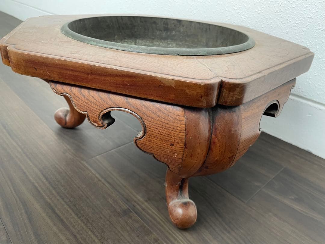 アンティーク 六角形木製火鉢金属皿付き