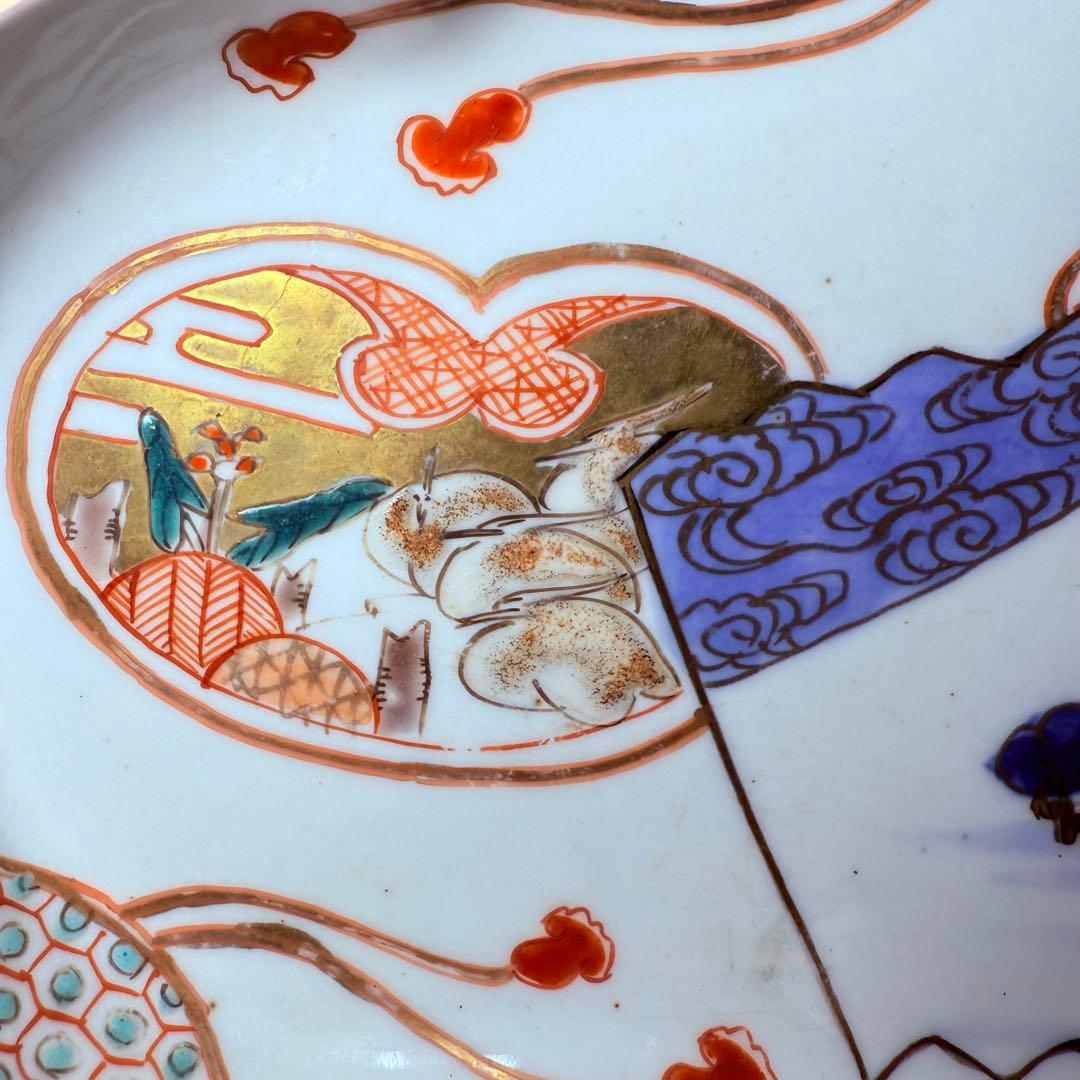 幕末～明治期 角冨 色絵扇絵変形皿 五客 裏千鳥文 金襴