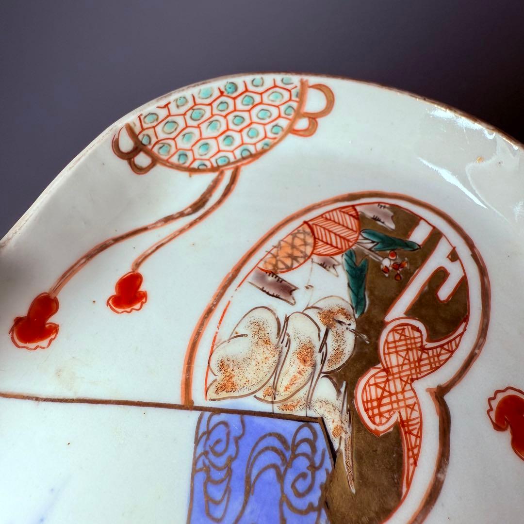 幕末～明治期 角冨 色絵扇絵変形皿 五客 裏千鳥文 金襴