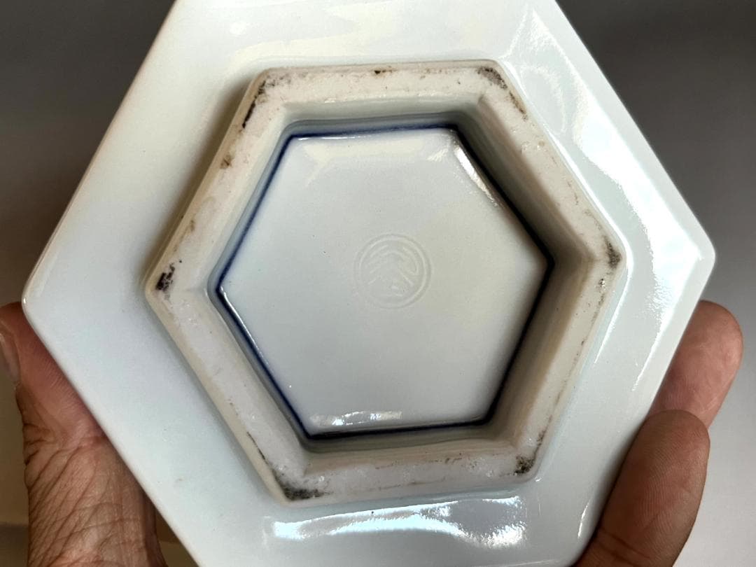 鉢□染付鴨図六角鉢 浮き草 水辺 青華 江戸後期 古美術