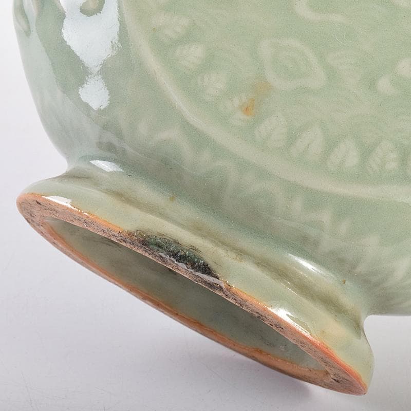 中国 龍泉窯 青磁 陽刻 龍鳳凰花文 扁壷 V R7826 美術品・アンティーク