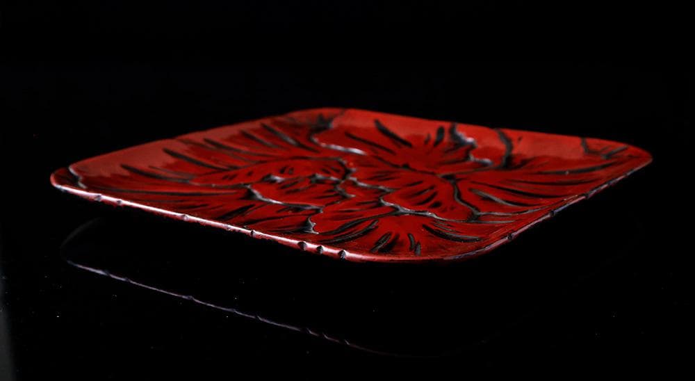 時代年代物 木製漆器 鎌倉彫 牡丹文 長方盆 飾皿 茶道具 煎茶道具 黄布