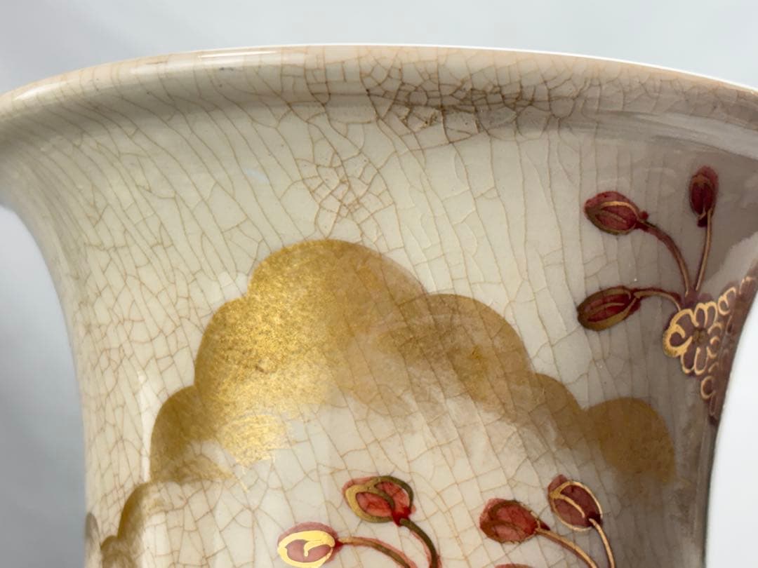 白薩摩 島津家 【丸十字薩摩】印 金彩色絵花鳥図 大花瓶 花器