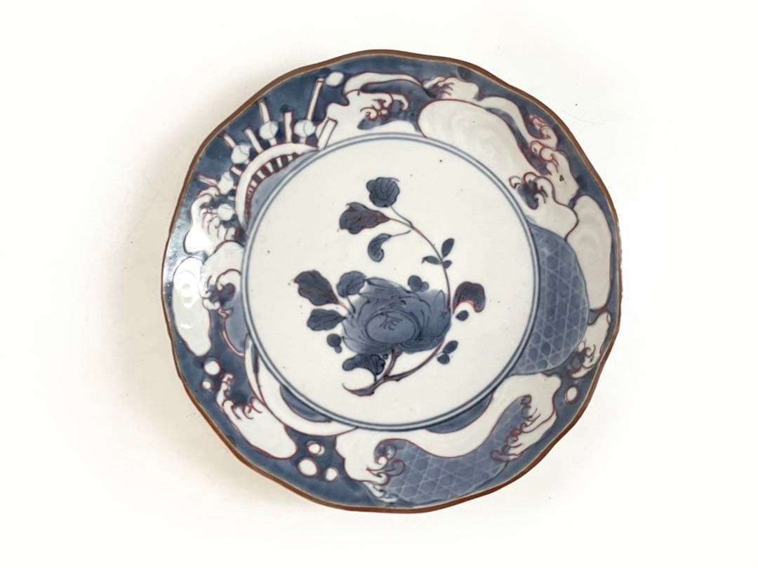 骨董　アンティーク　藍九谷　古九谷金銀彩　輪花　七寸皿　牡丹　蛇籠　水車