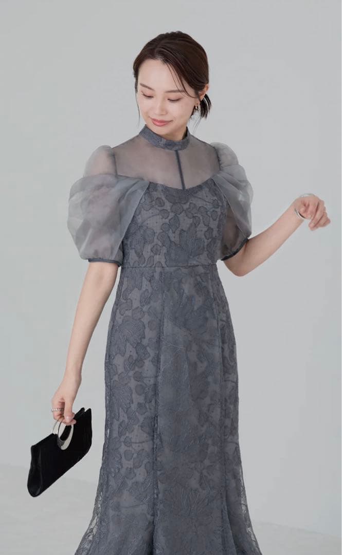 LEJA オーガンジー ドレープ パフスリーブ マーメイド ワンピースドレス