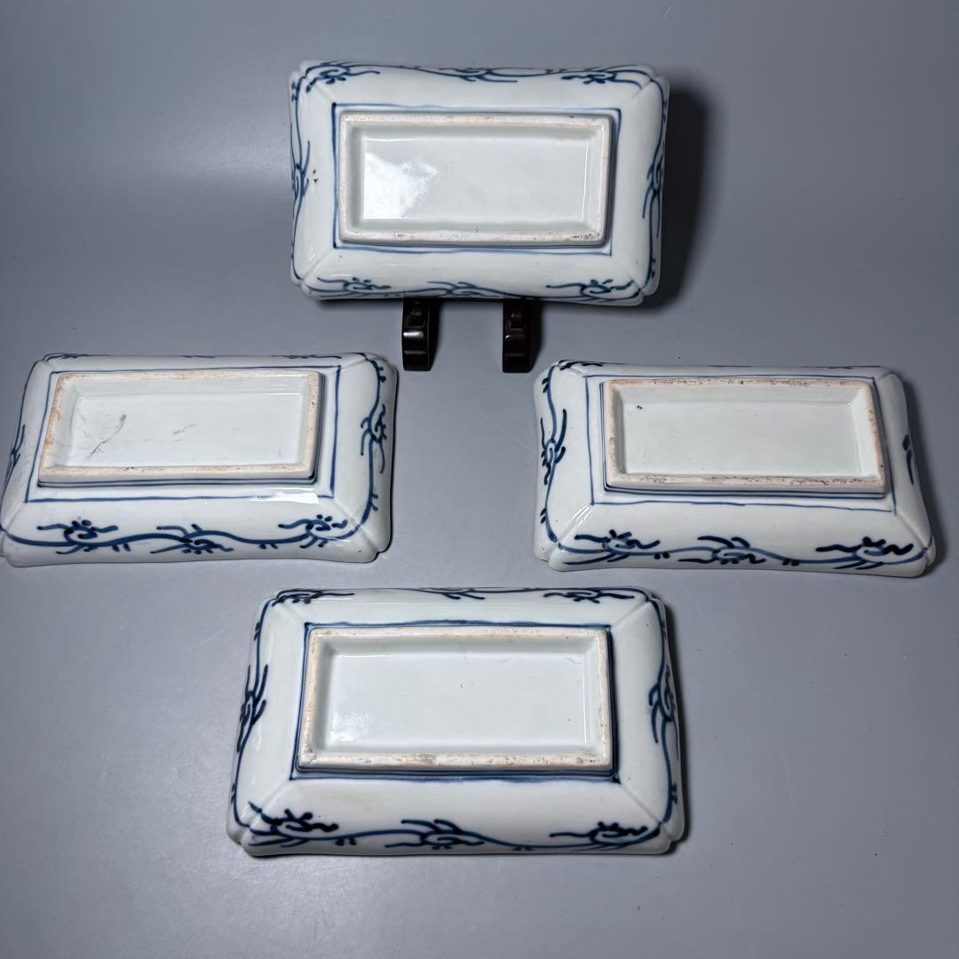 幕末〜明治時代　色絵草花文様長皿　四客　裏唐草文様　絢爛豪華　20.3cm