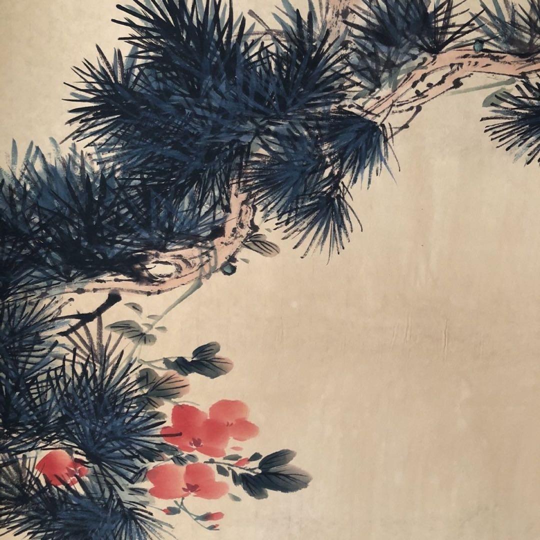 【顔伯龍】《棲松有伴》三尺中堂 掛け軸　紙本着色　中国書画