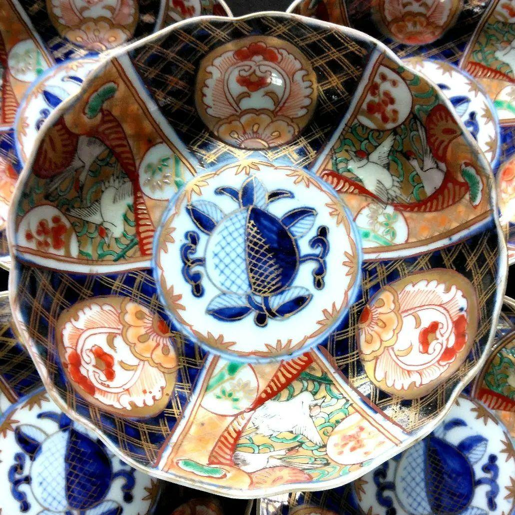 明治～大正 古伊万里 絢爛豪華 金襴手 二重角冨紋 膾皿 5客揃 角富 なます皿