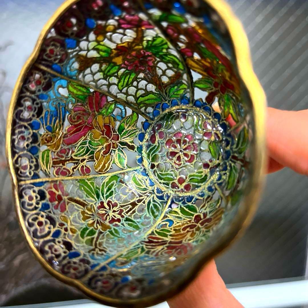 骨董 ガラス七宝 透胎七宝 省胎七宝 透かし技法 彩色花綴り 輪花