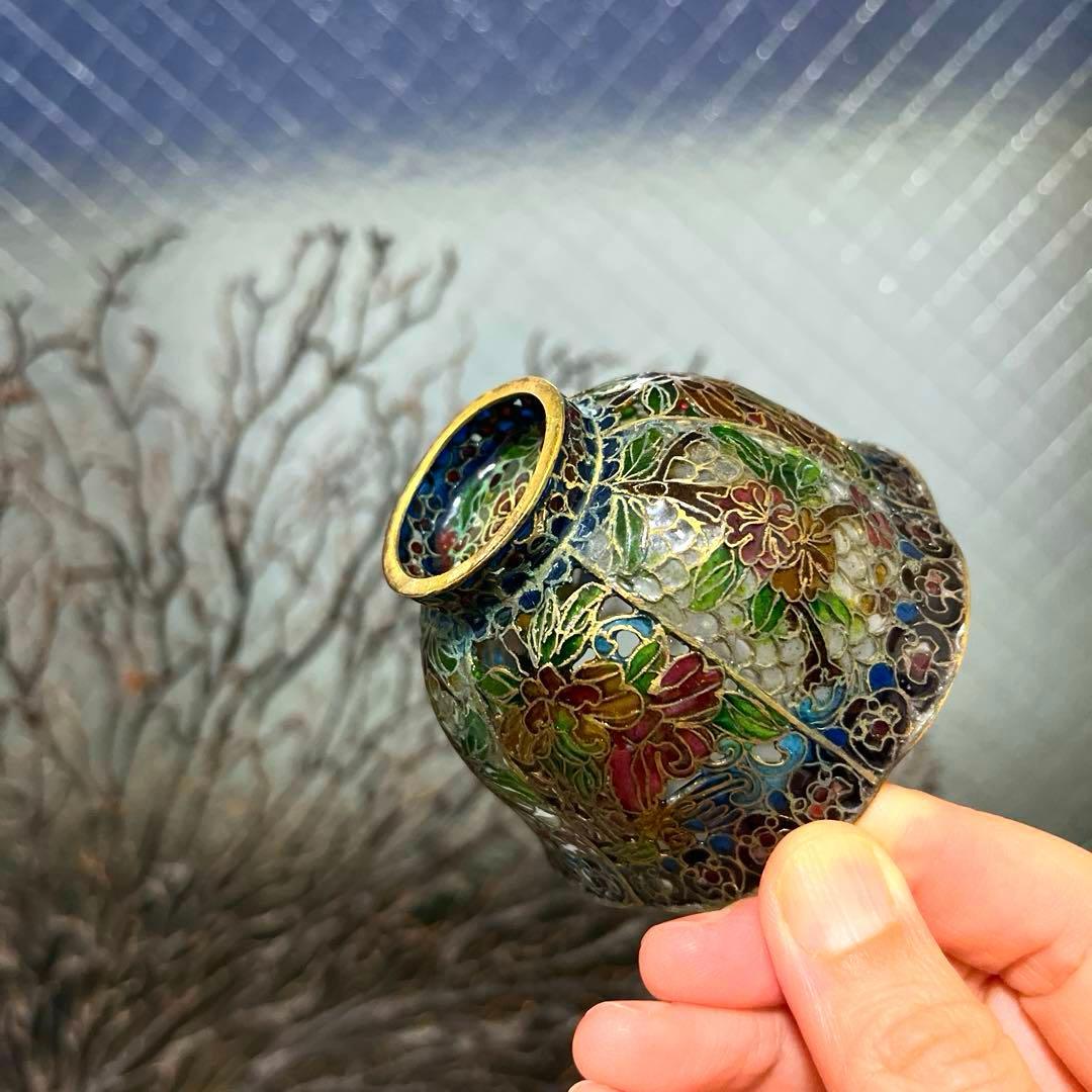 骨董 ガラス七宝 透胎七宝 省胎七宝 透かし技法 彩色花綴り 輪花