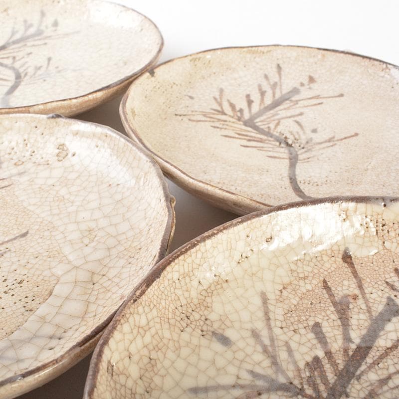 志野焼　絵志野　大橋秋二作　松文　手塩皿　小皿　五客　共箱　V　R7447