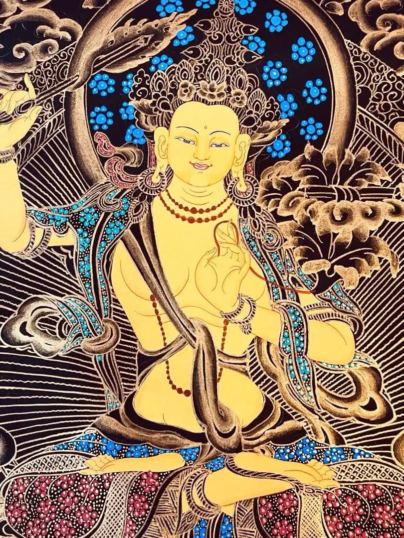 《手描き肉筆画》文殊菩薩 マンジュシュリー 文殊師利 タンカ 曼荼羅 仏画