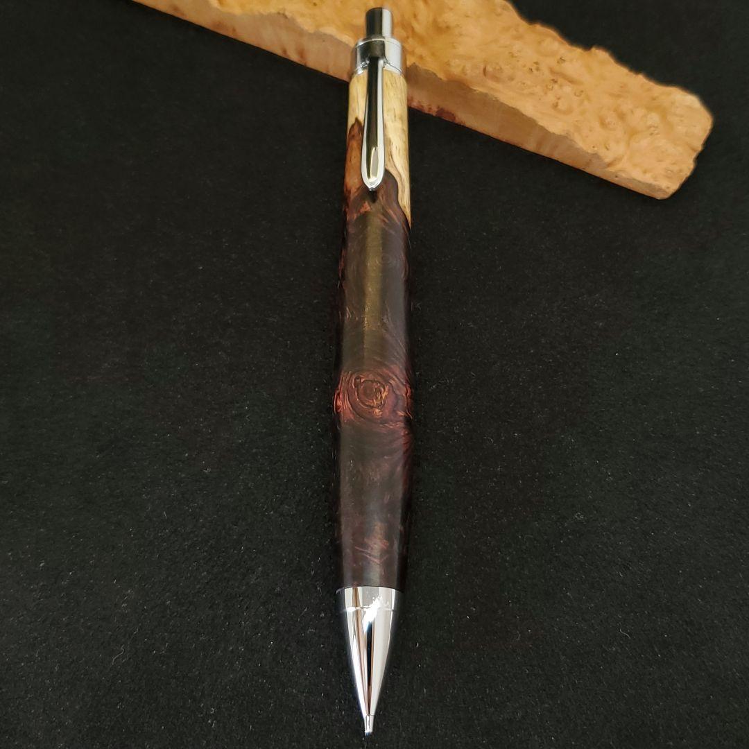 No.27ハンドメイド木軸シャーペンロースウッド瘤蜜蝋ワックス仕上げ