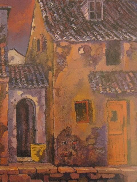 津田直樹、【同理の民家】、希少な額装用画集より、新品額装付