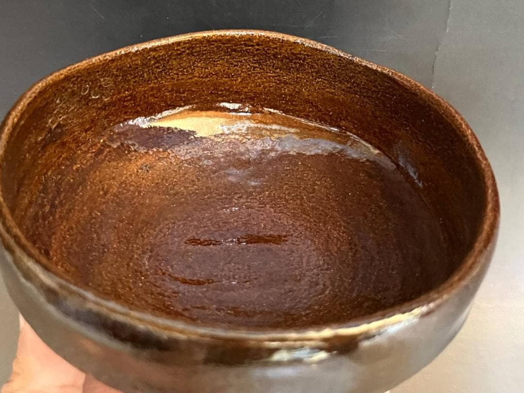 茶碗□大樋焼き【中村長阿弥】馬ダライ型平茶碗 茶釉 桐共