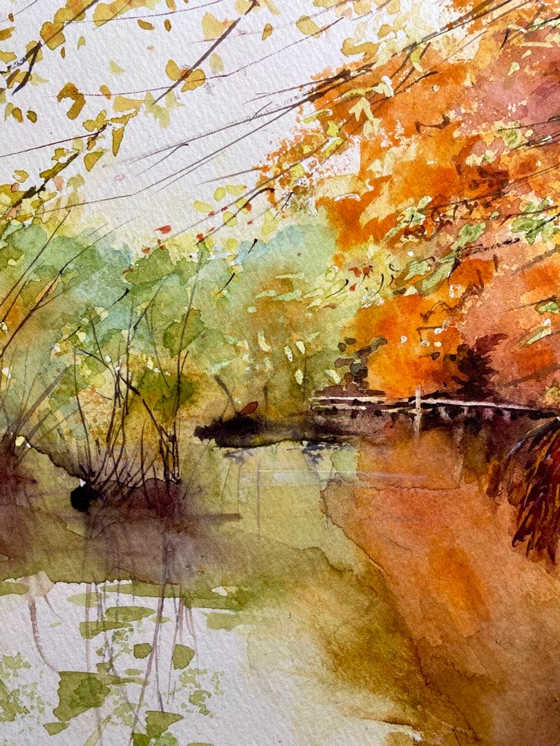 ⭕️winnie様専用575＊紅葉の三宝寺池 水彩画 原画 透明水彩画 秋の