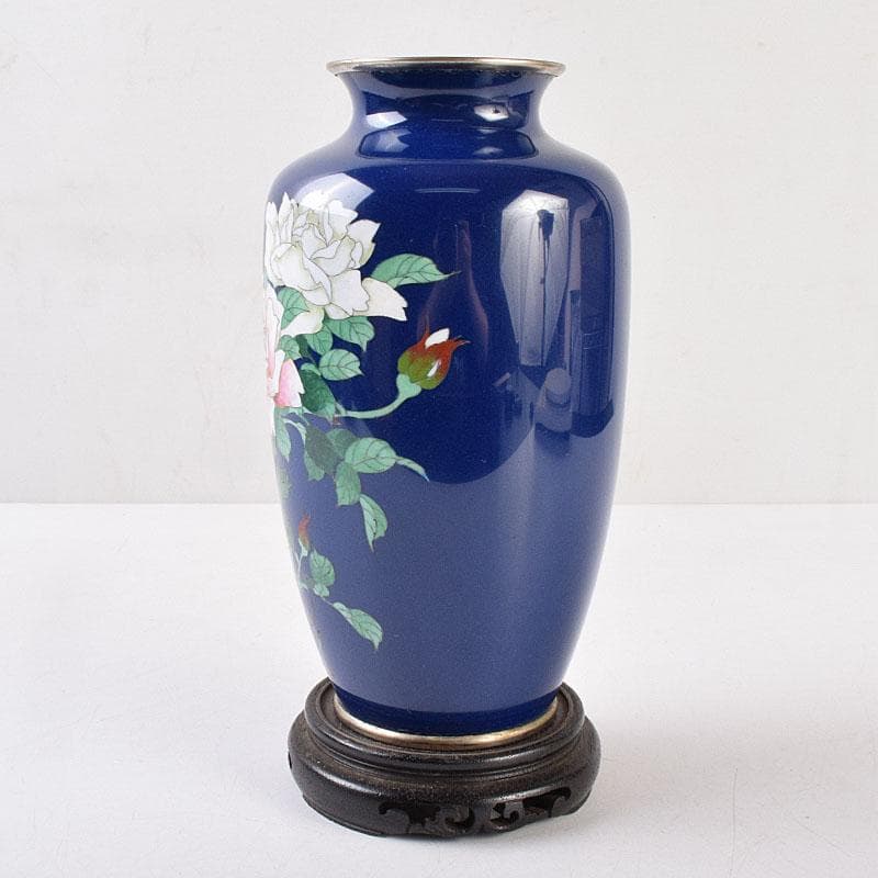 七宝焼　薔薇文　花瓶　唐木台付　時代箱　M　R9058